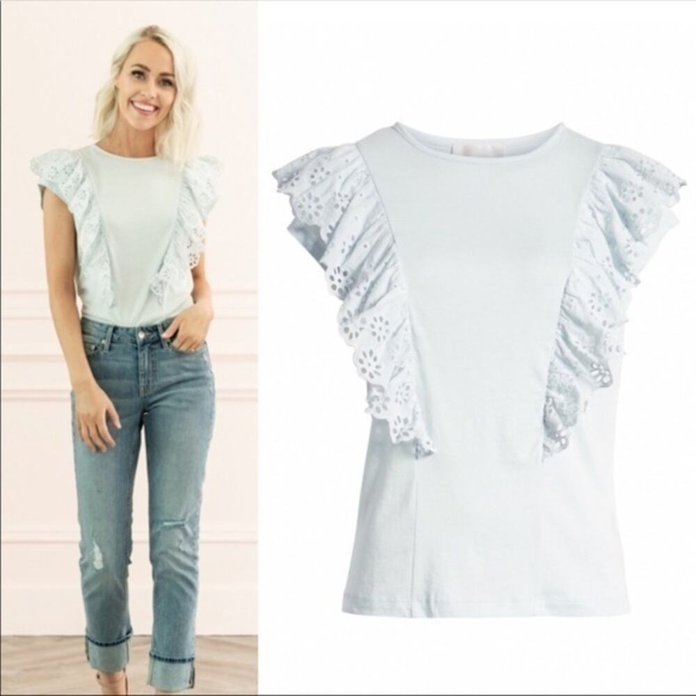 Rachel Parcell Eyelet Ruffle Detail Top Blue XL